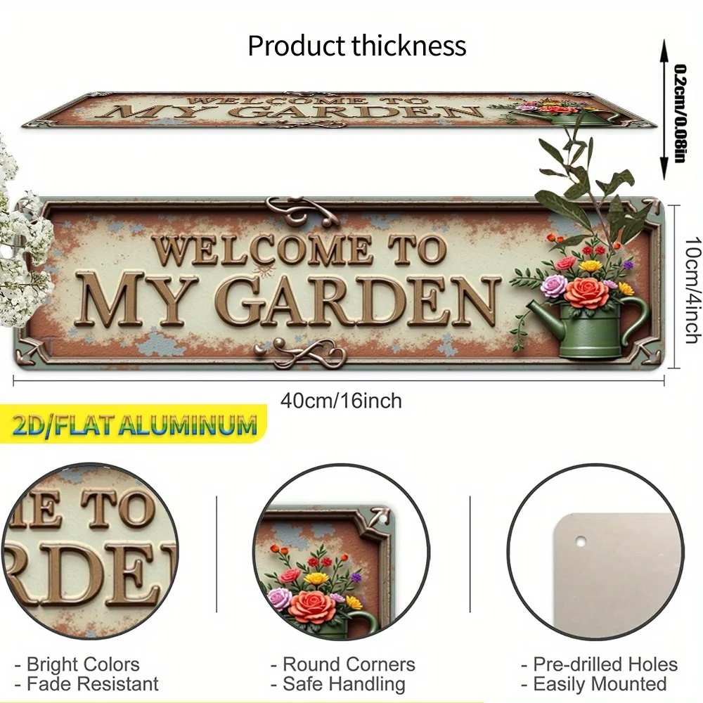 HD Aluminum Sign, Welcome To My Garden Vintage Retro Metal Wall Art, Rustic Floral Outdoor Decor Sign