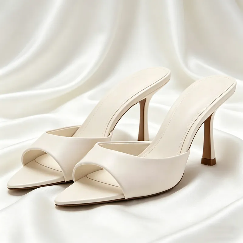 

Sexy Pointed Toe Thin High-heeled Slippers Women Summer Heeled Sandal Street Style Designer Soft Leather Brown High-heels Ladies