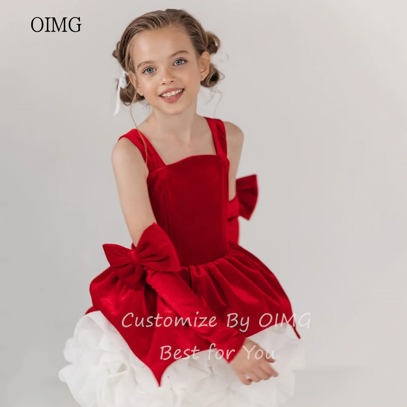 OIMG Princess Red Ball Flower Girl Dresses Bow Sleeves Gown Wedding Party Dress Flowers Mini Birthday Dress Customized