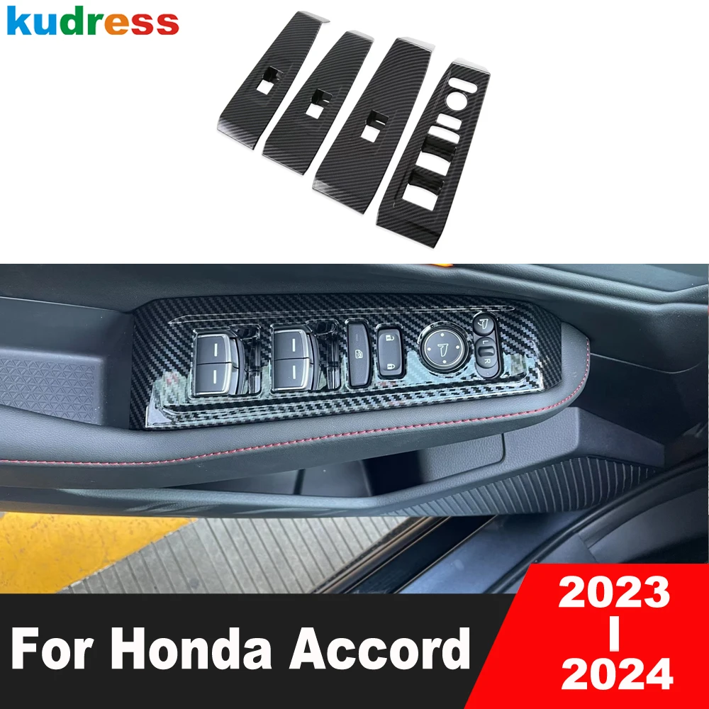 Car Door Armrest Window Lift Switch Button Panel Cover Trim For Honda Accord Sedan 2023 2024 Carbon Fiber Interior Accessories