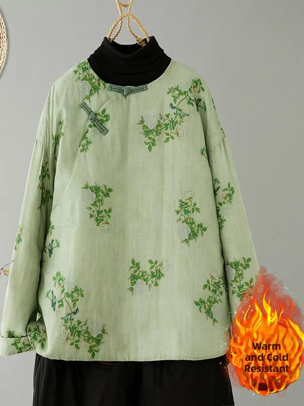 

Retro round Ne Cotton Linen Print ort Jaet Floral irt Autumn Winter Chinese National Sle Tea Clothing Top Women's F...