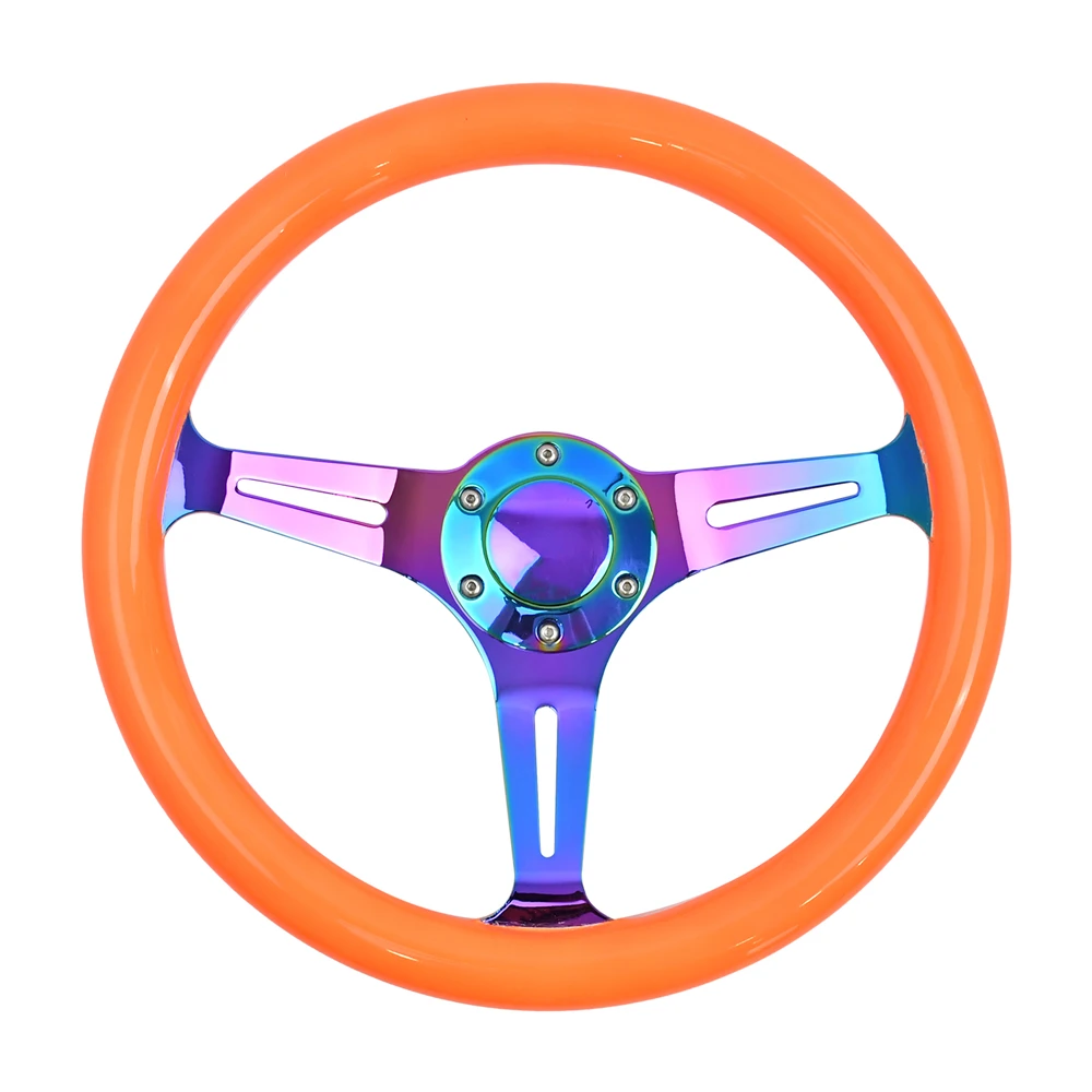 

Fashion 350MM Classic Sport Steering Wheel Fluorescent Orange Solid Wood Composite Steering Wheel with Aluminum 3-Spoke