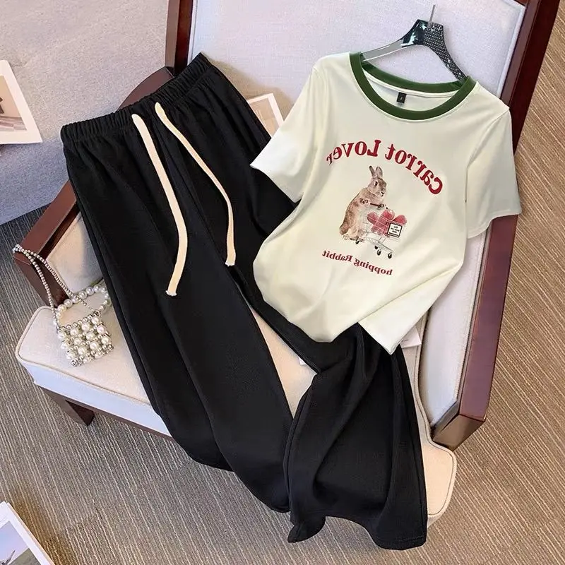 Large Size Summer Casual Set 2024 New Contrasting Round Neck Short Sleeved T-shirt High Waisted Wide Leg Pants Two-piece Set