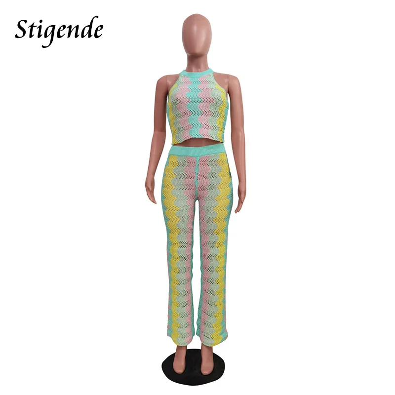 Stigende Striped Wave Knit Two Piece Set Women Hollow Out Crop Tank and Pants