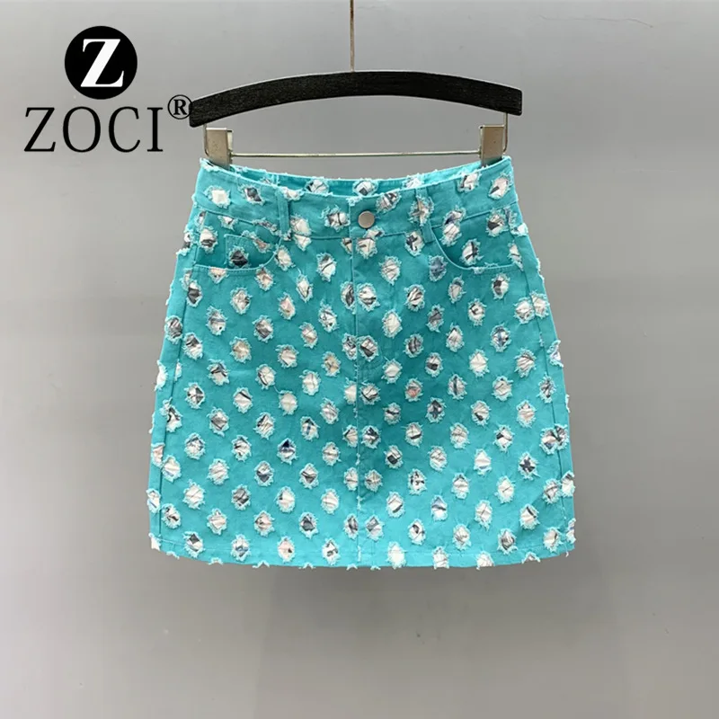 

[ZOCI] Broken Hole Casual Denim Short Skirt Women 2024 Summer New Style Versatile Slim Fit A-line Hip Hugging