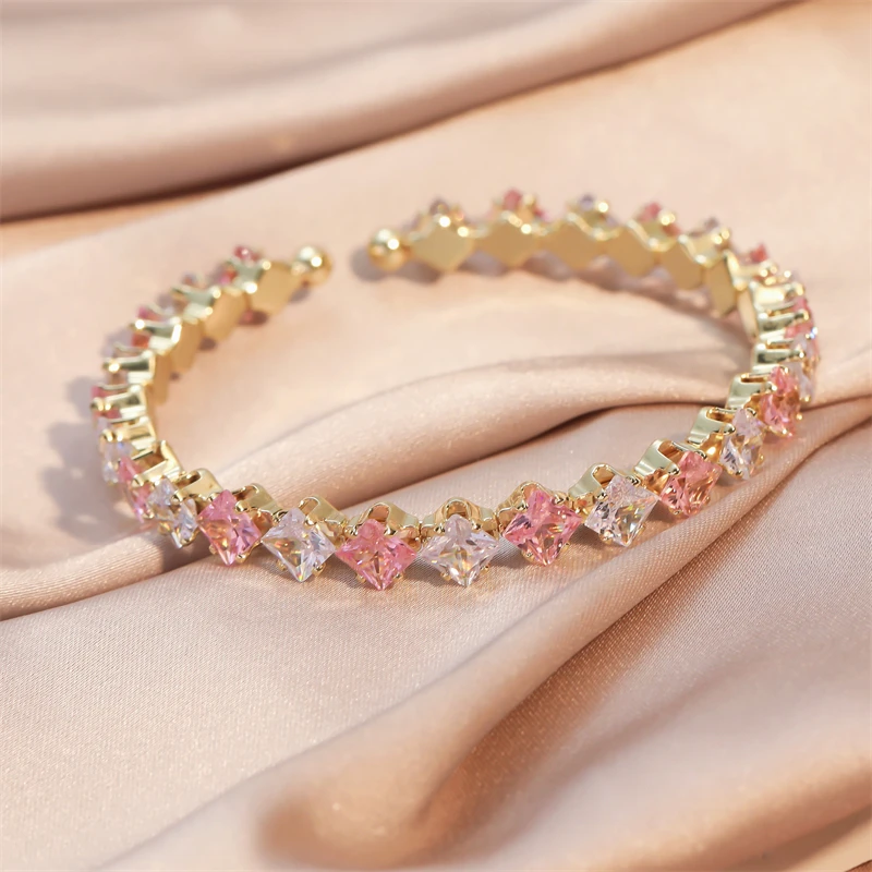 ZAKOL-pulsera de circonita cuadrada geométrica rosa para mujer, brazalete de lujo, exquisito Color dorado, joyería de fiesta de banquete