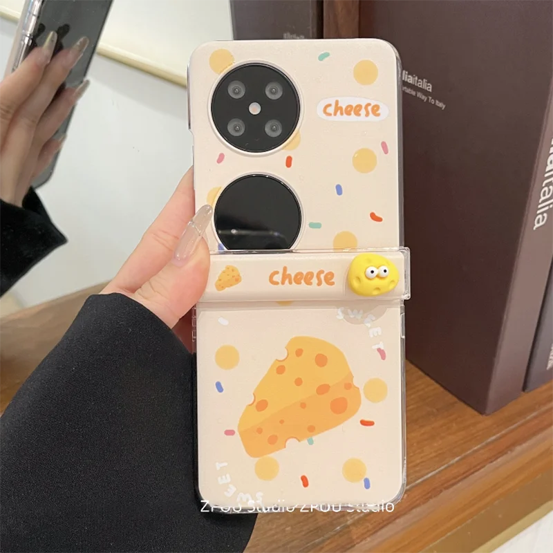 Funny Cheese Stand Flip Case For Samsung Galaxy Z Flip7 6 5 4 Oppo N3flip N2flip / Xiaomi Mix Flip Case With Cartoon Bead Chain