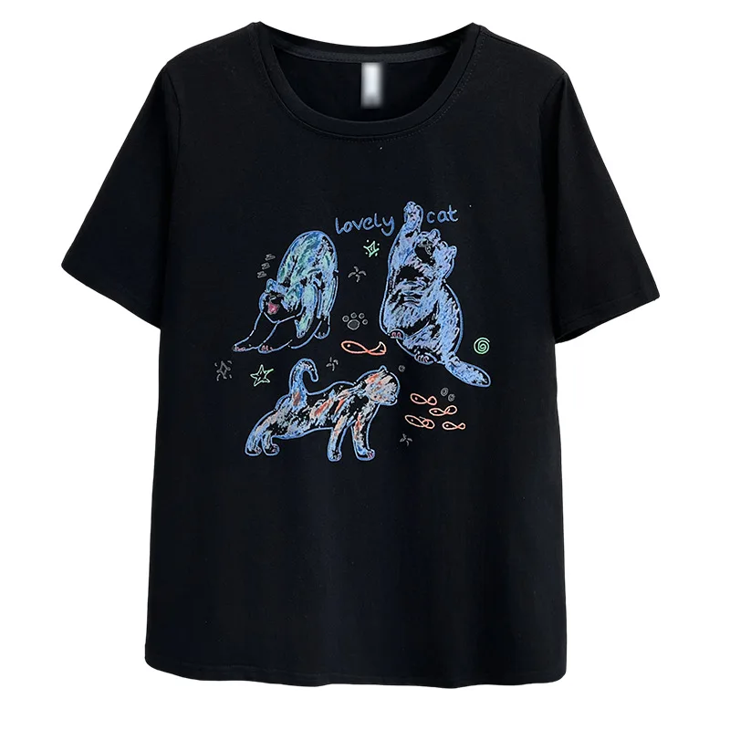 

2025 Plus Size Women's Top Summer New Casual And Youthful Printed Cat Short Sleeve 100kg T-shirt 6244