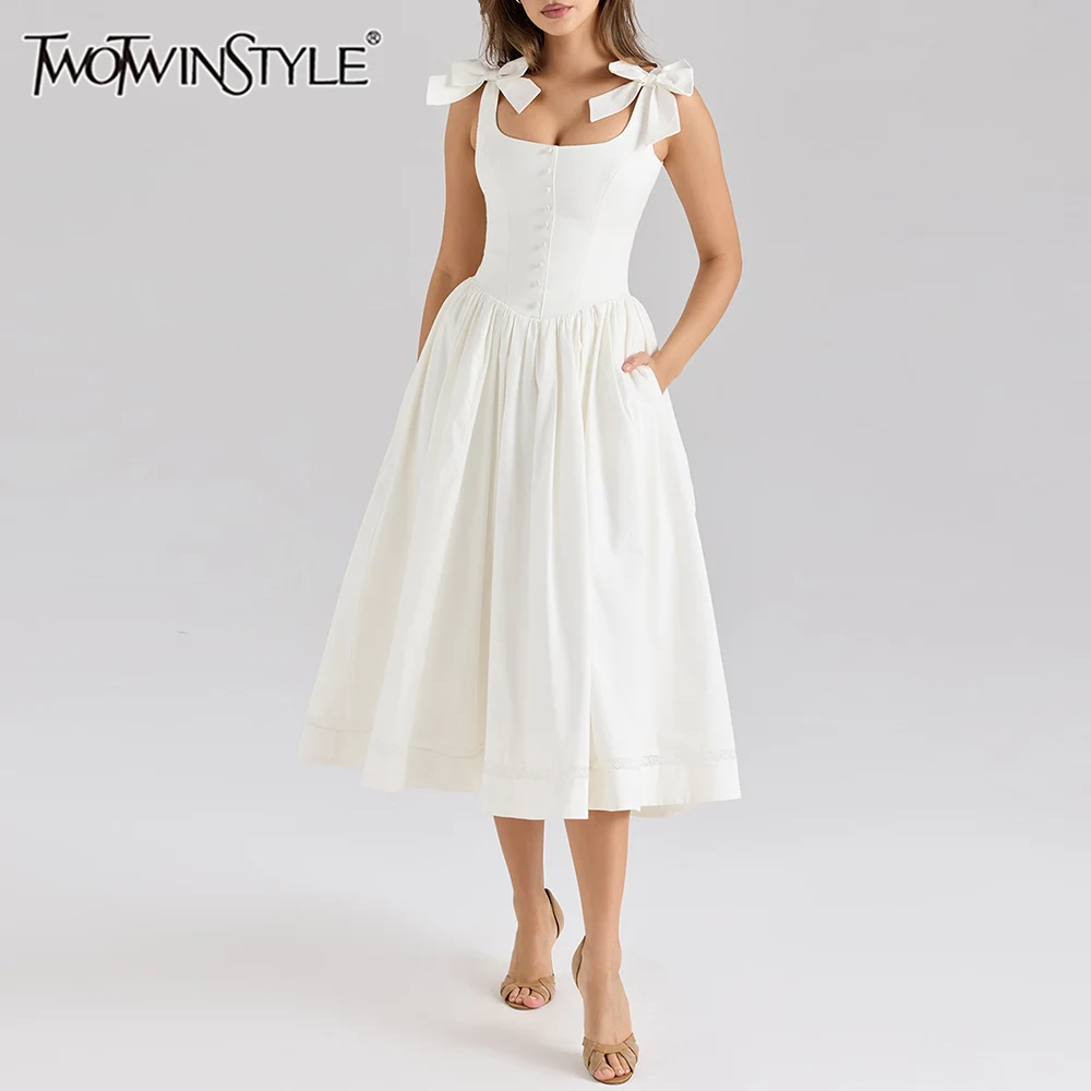

TWOTWINSTYLE Sexy Spliced Lace Up Tunic Dresses for Women Square Collar Sleeveless High Waist Party Midi Dress Female Fashion