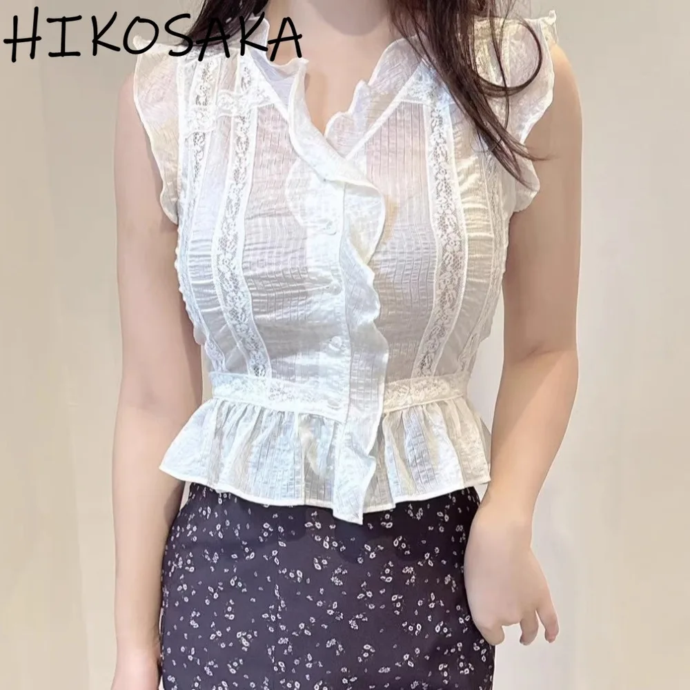 

Fungus V-neck Sleeveless Blouse Shirt Single Breasted Slim Fit Lace Ruffled Top Summer 2025 New Chic Sweet Blusas De Mujer Moda