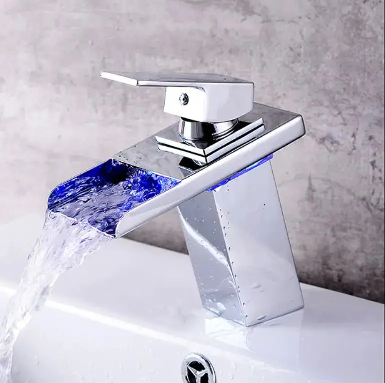 Deao New Design LED Light sink Faucet  Bathroom Basin Hot and Cold Water Waterfall Mixer Tap