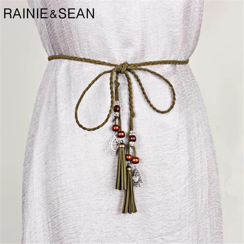 RAINIE SEAN Braided Belt For Women Pu Leather Ladies Belts For Dresses Tassel Beaded Boho Fashion Summer Belt Women 170cm