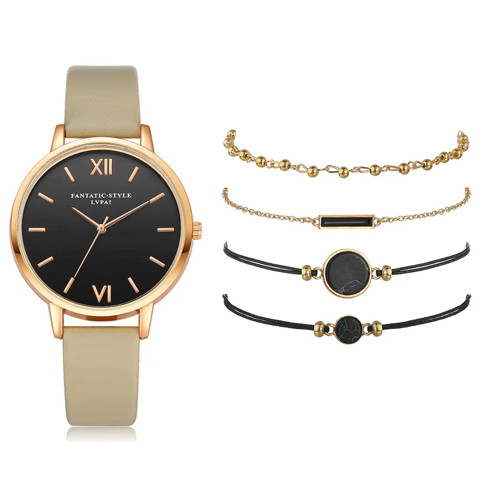 New Simple Watch Set Quartz Trend PU Strap Ladies Watch With Bracelet Set