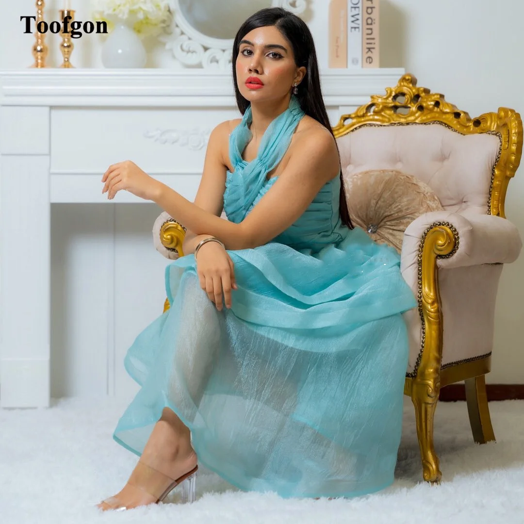 

Toofgon A Line Blue Organza Prom Dresses Arabic Halter Tierd Skirt Ankle Length Formal Party Evening Gowns Women Special Dress