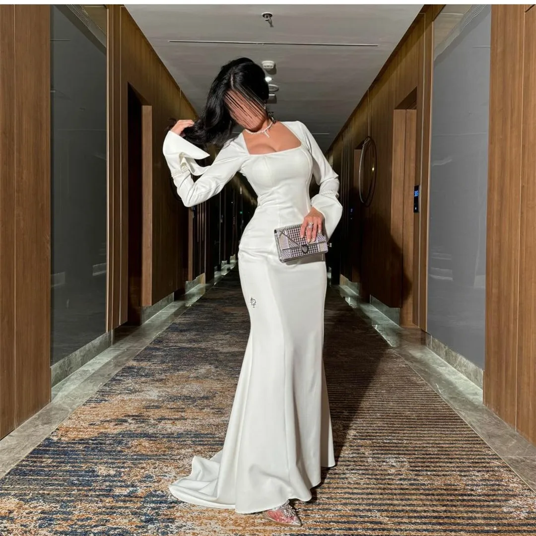 Customized Long Ivory Crepe Evening Dresses with Sleeves فساتين سهرة Mermaid Square Neck Sweep Train Prom Dress for Women