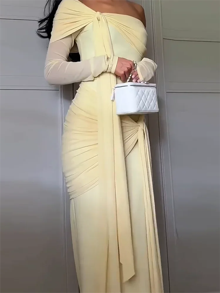 

Long Sleeve Slim Fit Patchwork 2025 Summer Elegant Vestidos Chic Party Lady Robe Asymmetric Solid Off Shoulder Straps Maxi Dress