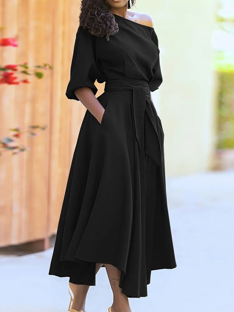 Temperament Simple Style Solid Color Dresses Women Fashion Half Sleeves Slant Collar Leace-up Irregular Dress Female New Vestido