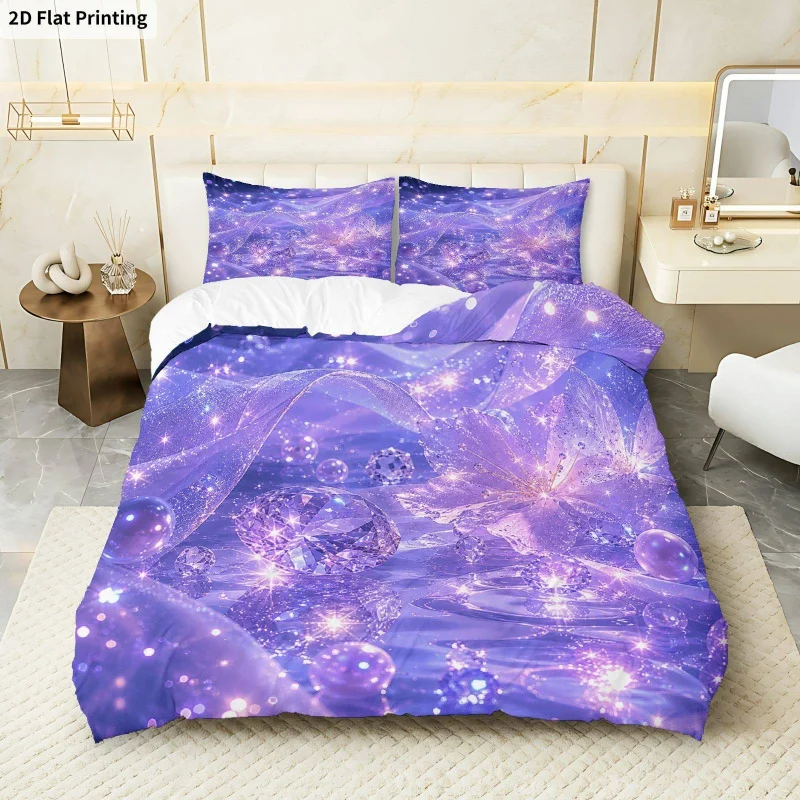 

2D Flat Printing 3PCS Duvet Cover, 1 Duvet Cover + 2 Pillowcases (Without Filler), Dreamy Starlight Crystal Theme