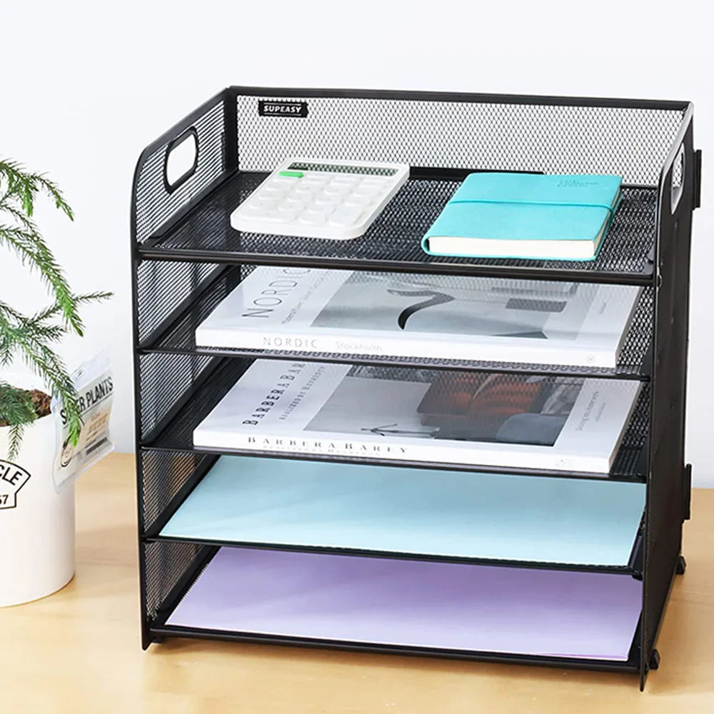 

5 Tier Tray Storage Rack with Handles Mesh Desk File Organizer Metal Paper Holder Desktop Document Shelf for Office School Home