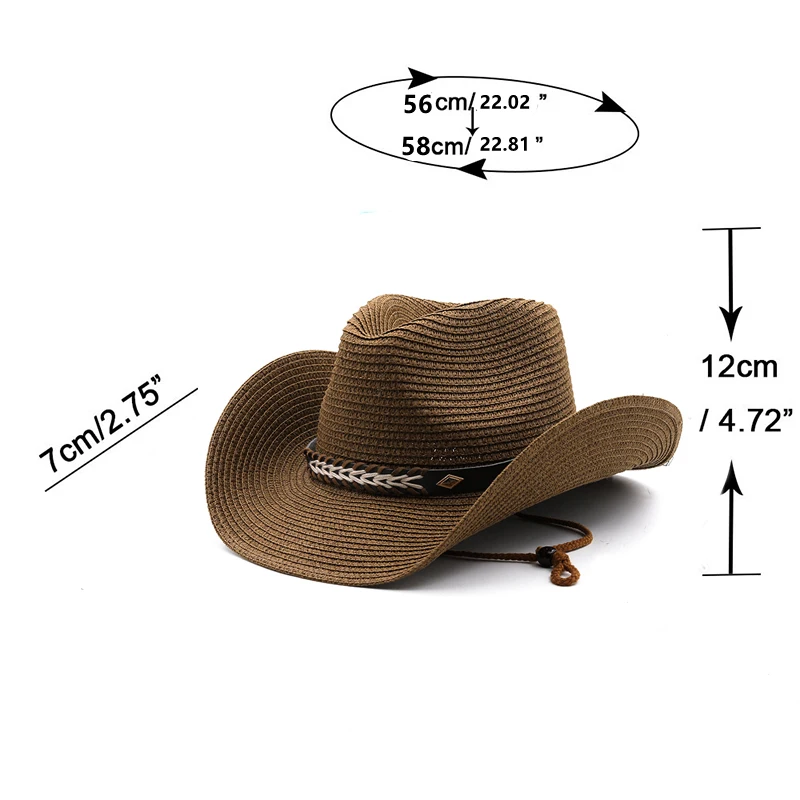 New Straw Cowboy Hat with Metal Plated Hatband Shapeable Cowgirl Jazz Caps For Dad Summer Western Sombrero Vacation Beach Sunhat