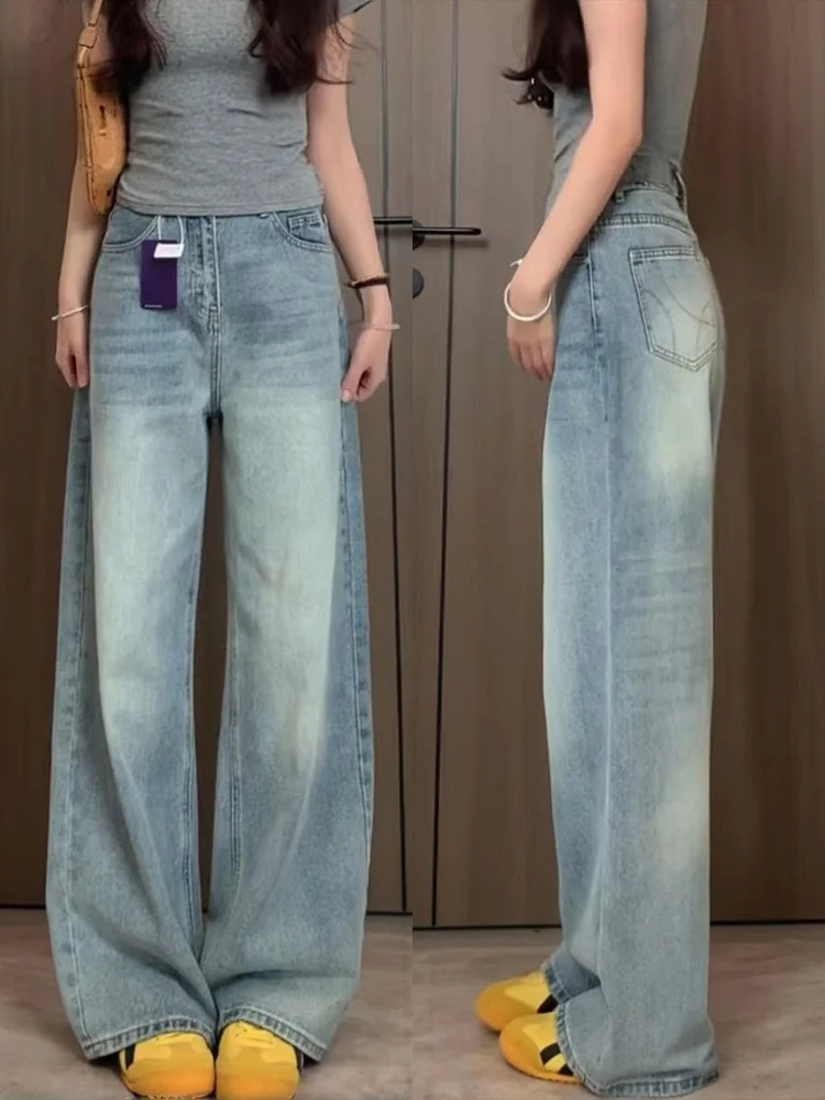 Damskie jeansy plus size w stylu retro, dżinsowe spodnie o prostym kroju, luźne, z szerokimi nogawkami, z wysokim stanem, codzienne, jesienne, nowość.