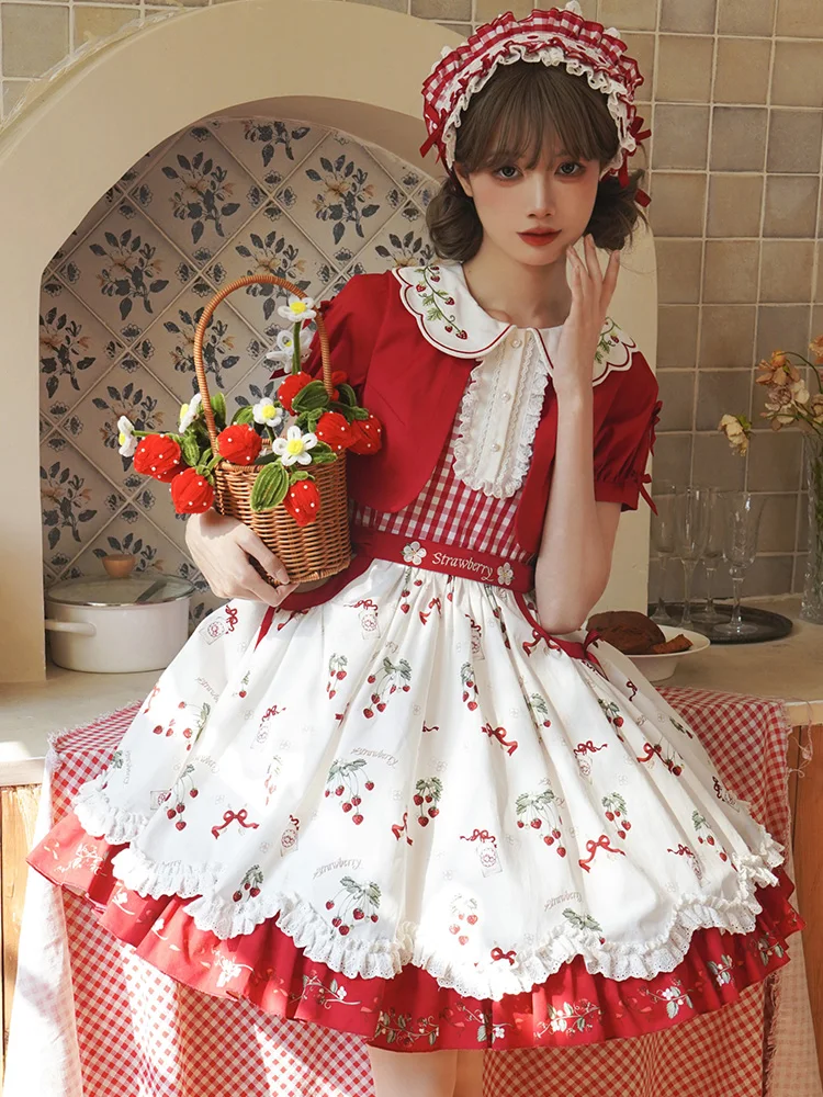 

Printed Ruffles Bow Doll Collar Puff Sleeve High Waist Lace-up Slim Red Short Dress Women Japanese Sweet Cute Lolita Op Dress