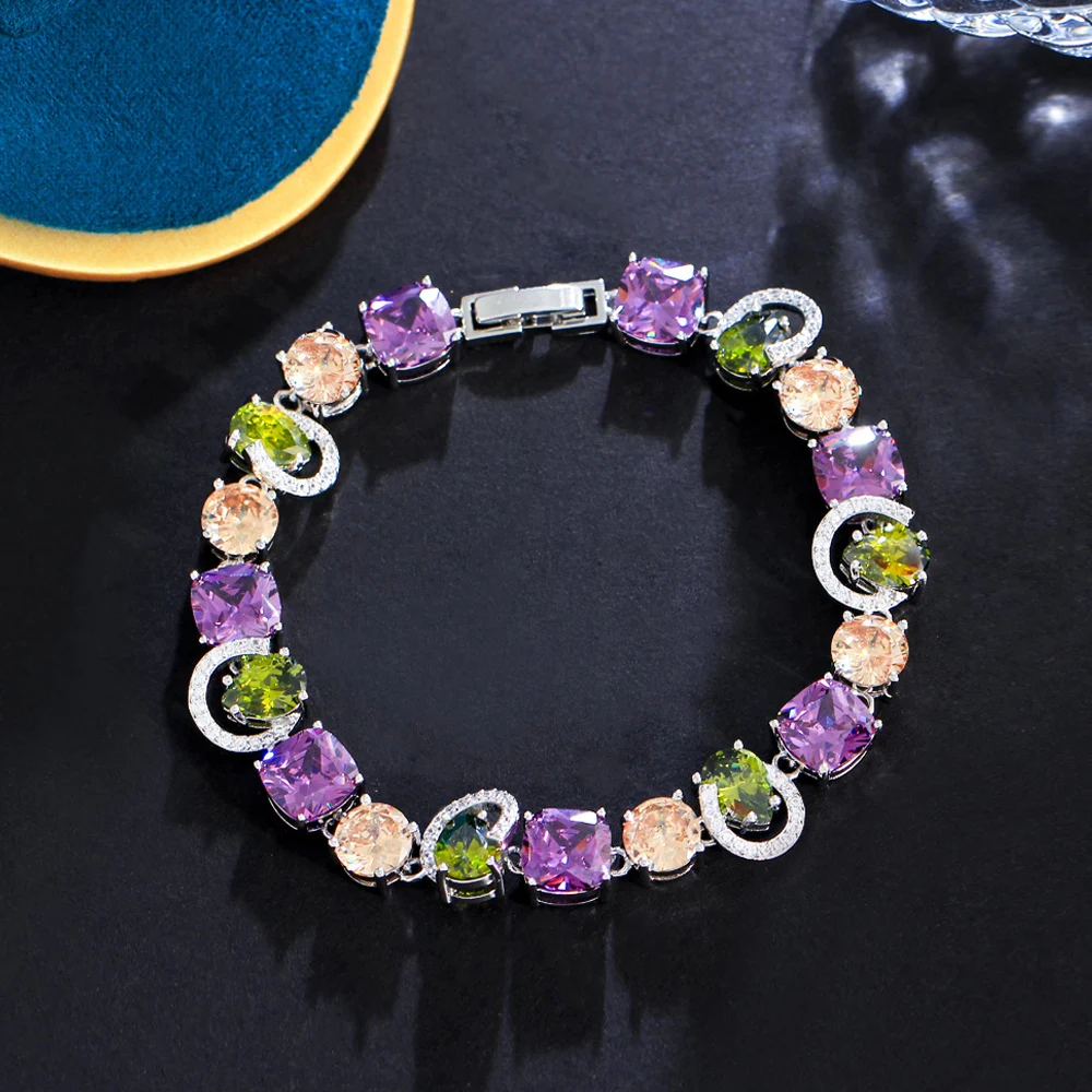 ThreeGraces Classic Multicolor Cubic Zirconia Stone Link Chain Bracelet for Women 2023 New Fashion Party Costume Jewelry BR269