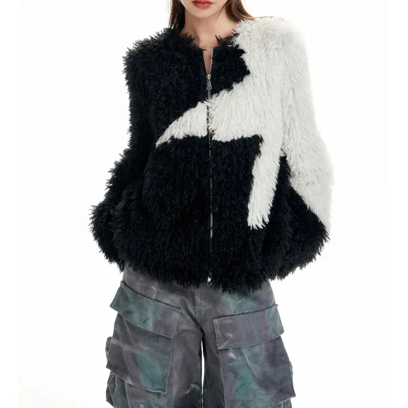 

2023 Autumn Winter American Retro Zipper Contrast Color Fur Jacket For Women Harajuku Grunge Fashion Loose Warm Coat