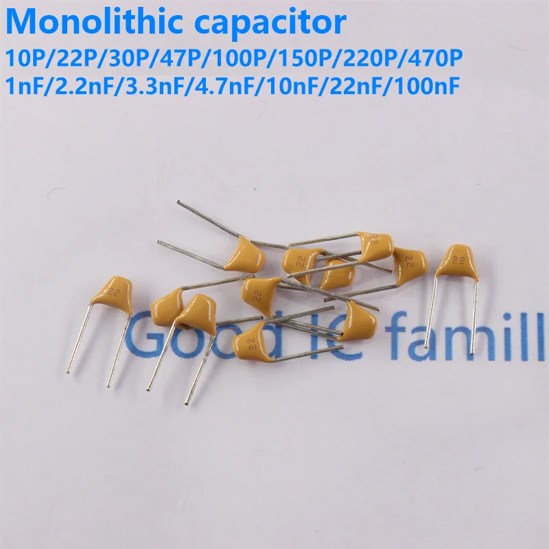 50pcs  Monolithic ceramic capacitor 50V (100~106) 10pF~10uF 102 103 104 105 22pF 1nF 10nF 100nF 0.01uF 0.1uF 22NF 1uF P=5.08mm