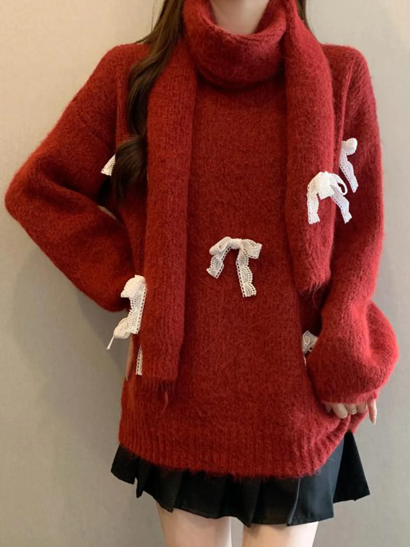 

Красный кружевной свитер с узлом, женский, осенне-зимний, свободного кроя, вязаный, термотоп, большие размеры, комфортный, элегантный