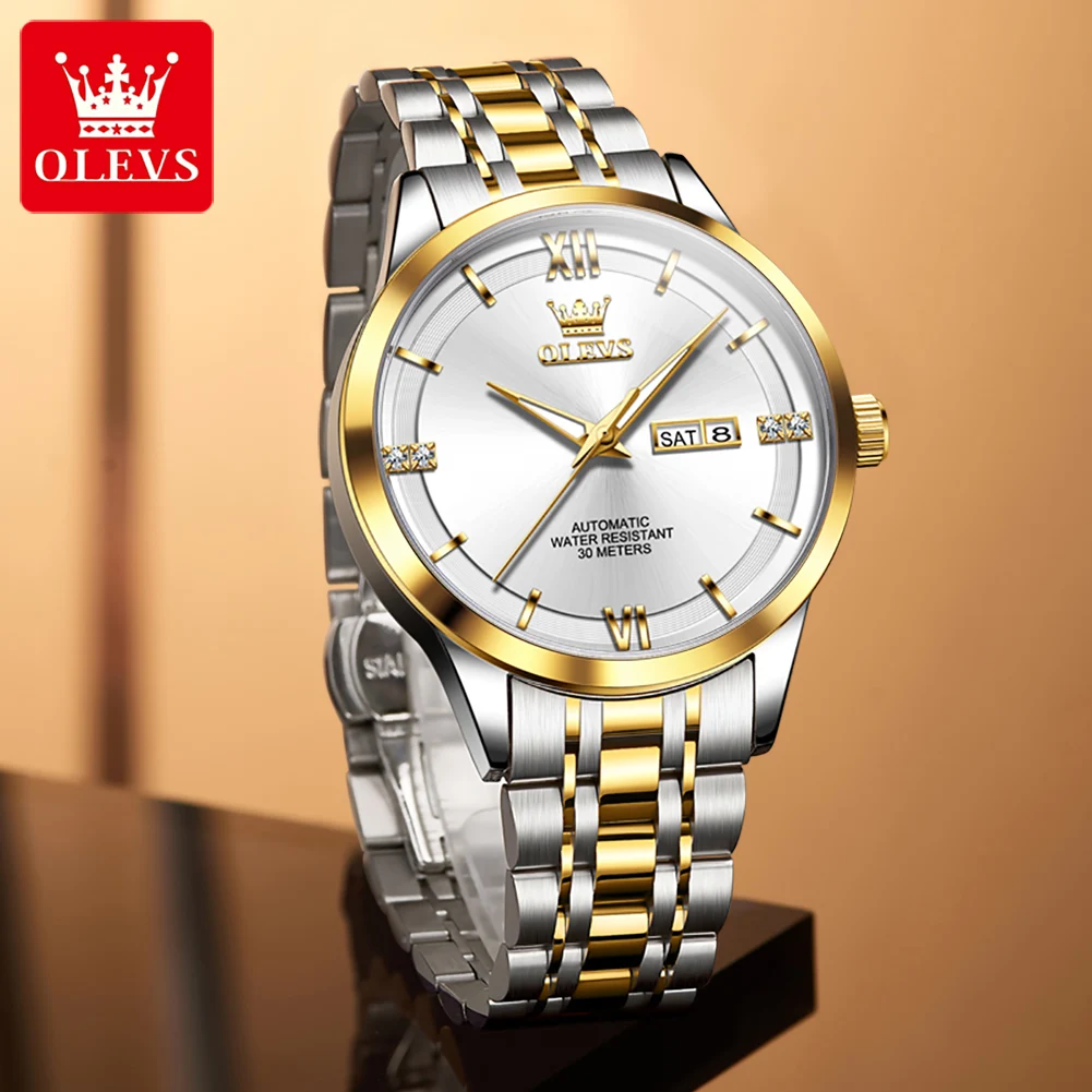 OLEVS 7061 Herrenuhr, Dual-Kalender, mechanische Uhr für Männer, hohe Härte, Spiegel, Edelstahl, wasserdicht, Luxus-Handuhr