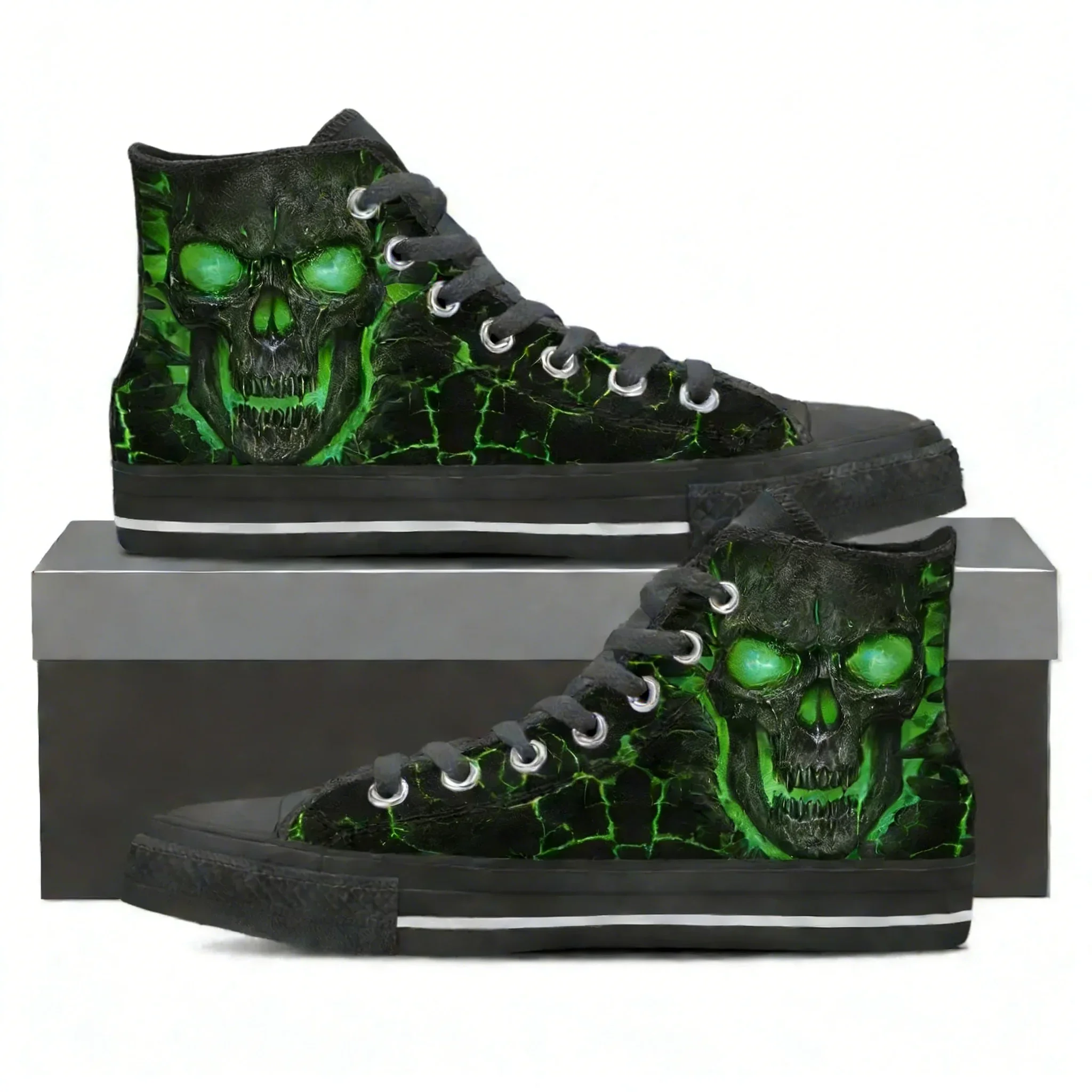 Canvas High Top Flat Shoes For Man Green 3D Lava Skull Print Casual Lace Up Sneakers For Male Comfort Zapatos Hombre