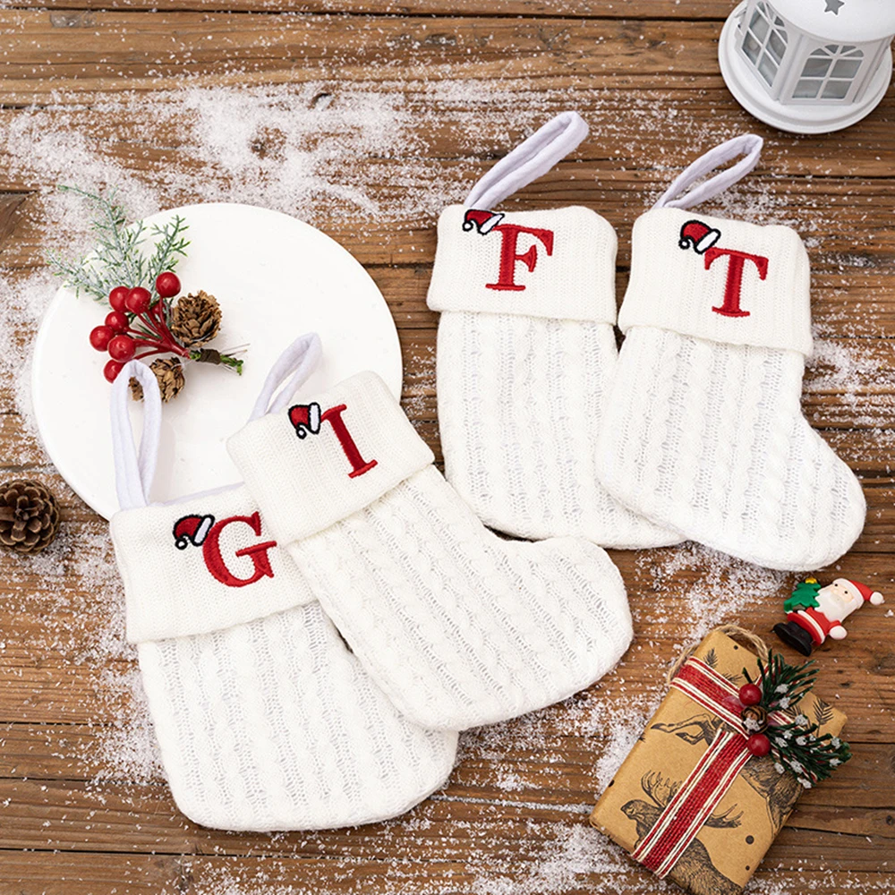 1PC A-Z Letter Hanging Christmas Stockings Knitted Socks  Christmas Tree Hanging for Family Party Decoration