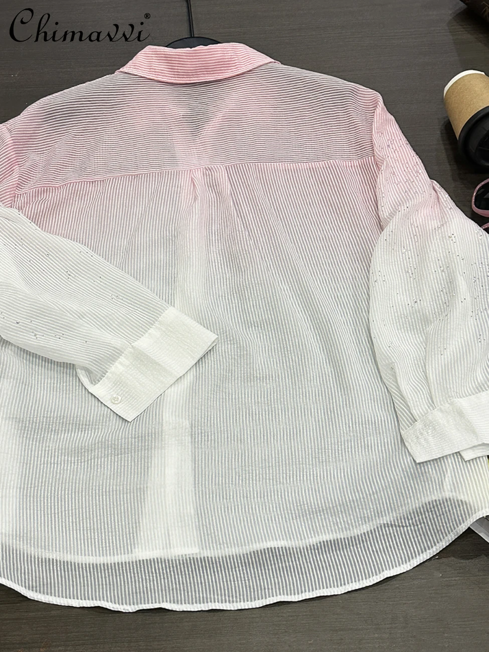 2025 Summer Heavy New Hot Diamond Gradual Change Color Long-sleeved Shirt Women's Fashion Loose Casual Style Long Blouse Top