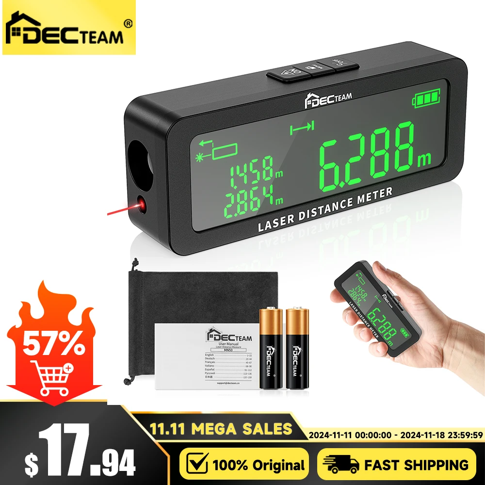 Decteam MN50 Laser Rangefinder 165Feet/50M Laser Distance Meter Measurement Tools with LCD Multiple Angle Distance Area Volume