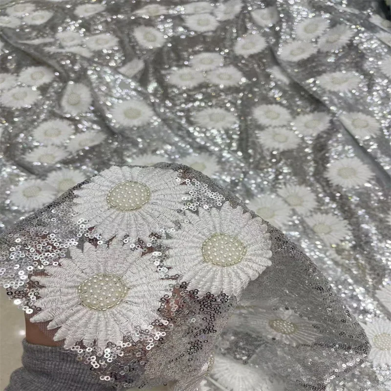 

Bead Sunflower Embroidered Mesh Fabric for DIY Sewing Evening Dress Clothing Fashion Designer Fabrics Material Cloth By The Yard