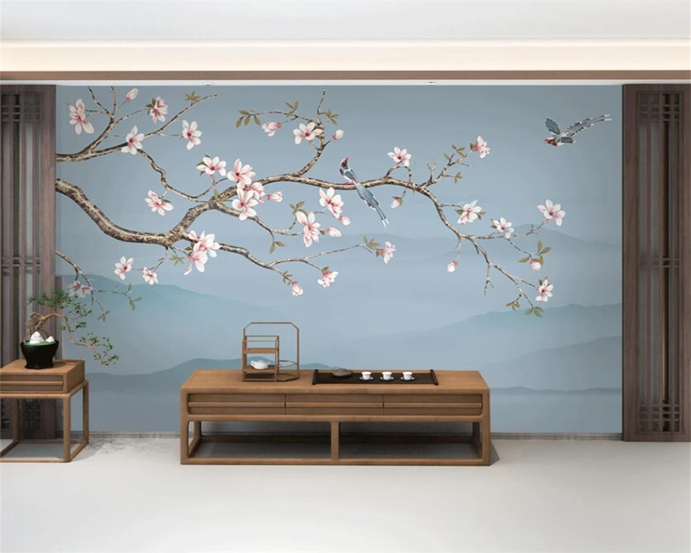 beibehang Customized new Chinese style TV background living room, flower bird landscape bedroom, bedside wallpaper