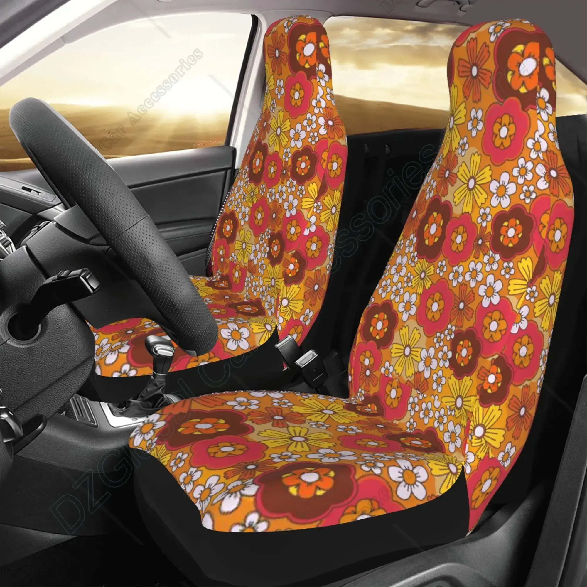 Hippie Flower Car Seat Cover Set 2 Pack Abstract Groovy Floral Seat Cushion for Vehicle Truck Anti Dirty Auto Accessories