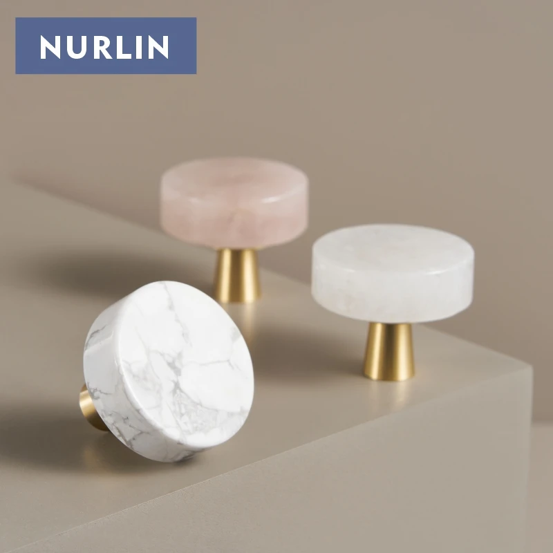 Nurlin Brass Marble Crystal Jade Cabinets Wardrobe Door Drawers White Pink Natural Stone Knobs