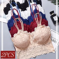 2Pcs/Set Bra Lace Bralette Women Sexy Lingerie Double Shoulder Straps Bras Crop Top Female Nonwire Underwear Removable Pads
