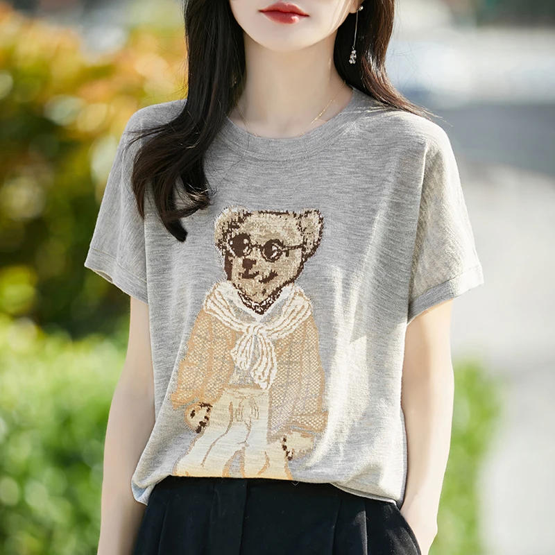 Summer Thin Skin-Fribottomly Breathable Bamboo Hemp Bear Round Neck Knitted Short-Sleeved T-Shirt Bottoming Shirt for Women Loose Casual K-Style