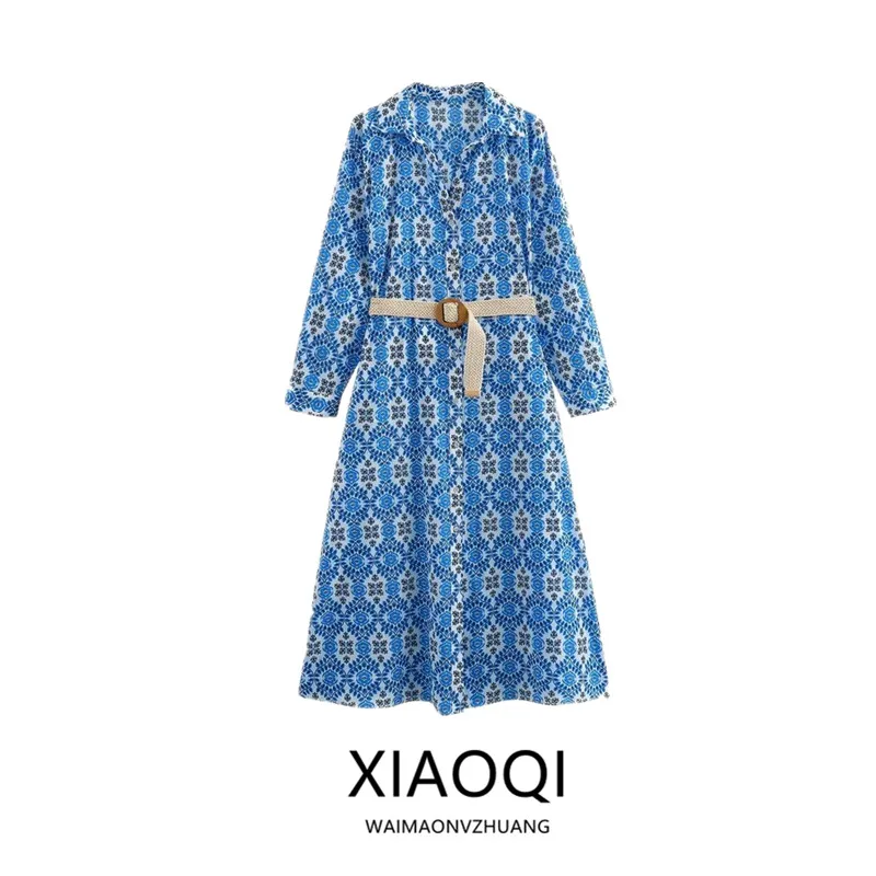 Summer 2024 Women's Mid-Length Dr Versatile Belted Design Commute Sle Long Sve Other Material 00% irt Dr