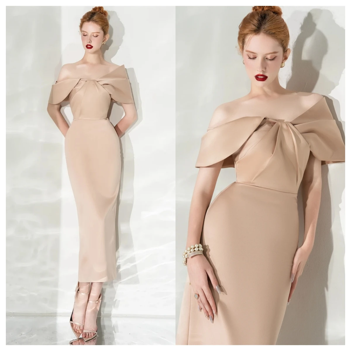 فستان سهرة من الساتان الكاكي مخصص على الموضة حورية البحر قبالة الكتف بدون أكمام فساتين المشاهير فستان الحفلات الناعمة