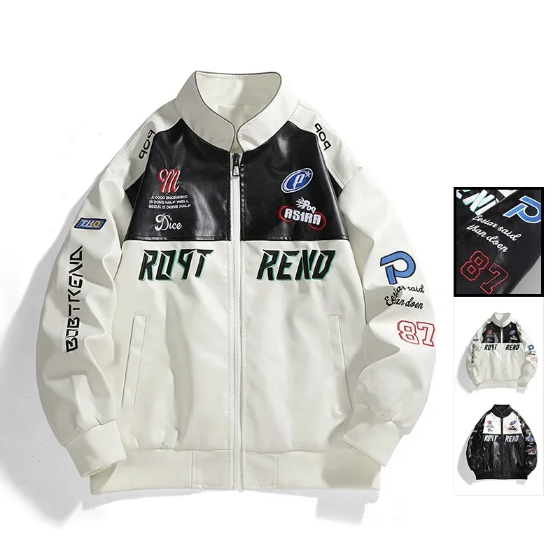 2026 Fall Men Moto Punk Leather Jacket Contrast Color Pilot Coat Long Sleeve Zipper Mens Outerwear