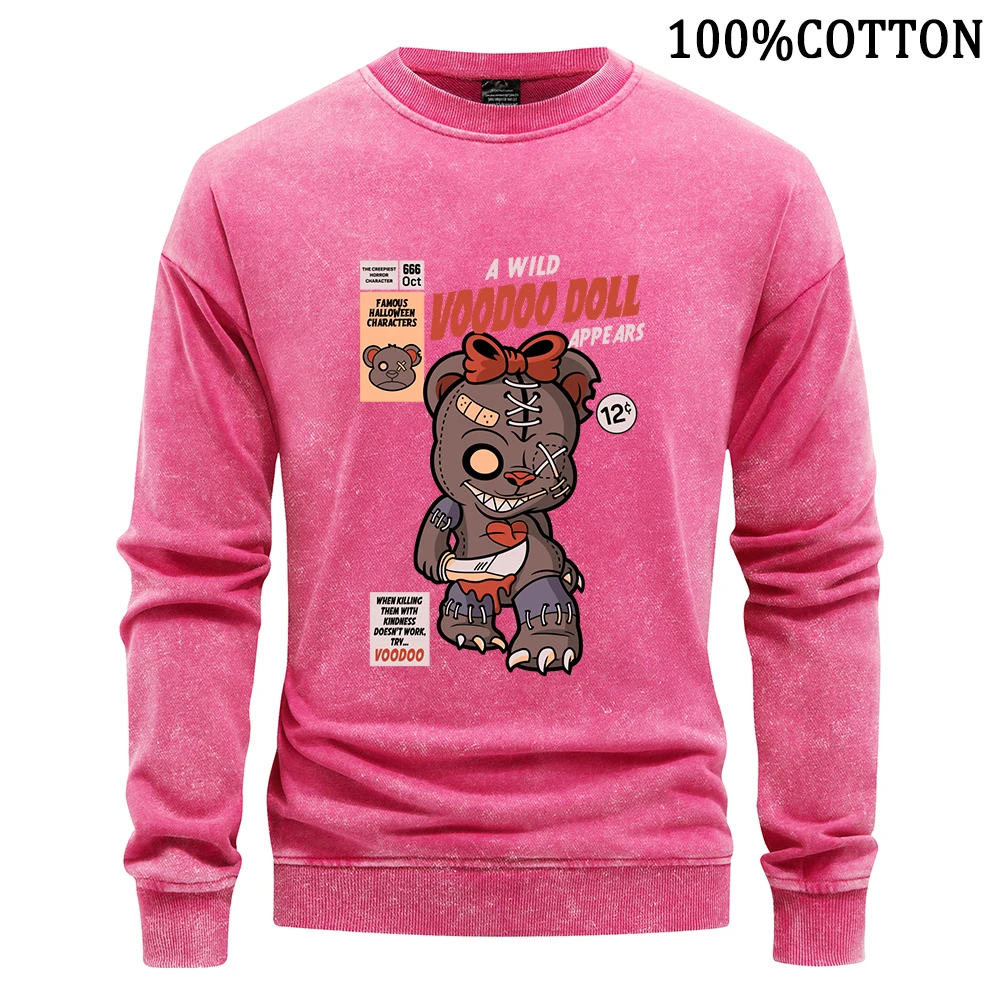 Voodoo Doll Printing Man Sweatshirt Retro Washed Sweatshirts Cotton Hoodies Cartoon Harajuku Wygodna koszulka sportowa Luźne topy