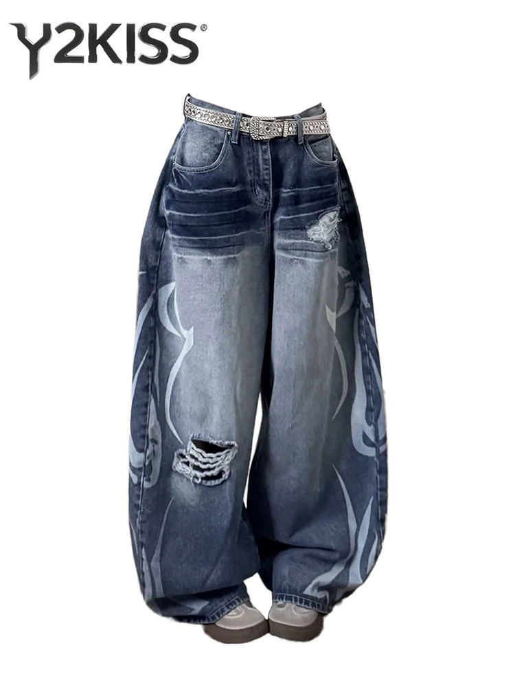 

Summer Women's Baggy Jean Punk Men Blue Ripped Denim Pants Boyfriend Wide Fit Y2K Japanese Harajuku 2000s American Retro Grunge