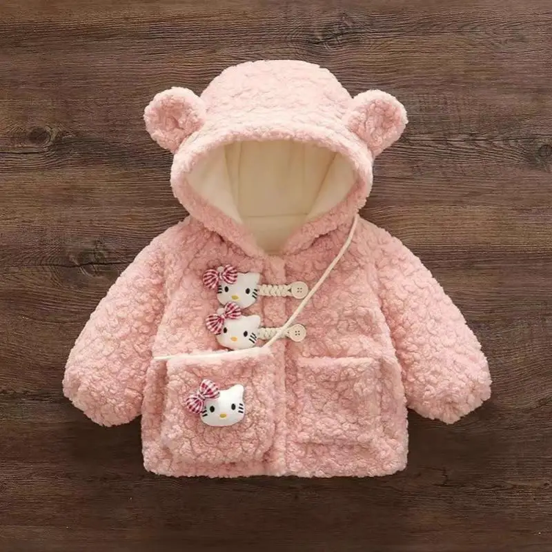 

Оптовая продажа, пальто Hello Kitty для девочек, кавайная модная студенческая повседневная свободная хлопковая шерстяная куртка с капюшоном, зимняя утепленная детская одежда