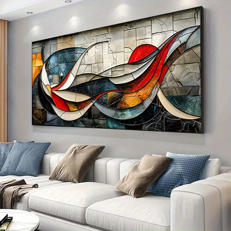Large Frameless Modern Abstract Geometric Canvas Art - Colorful Mosaic Design for Living Room and Bedroom Wall Decor