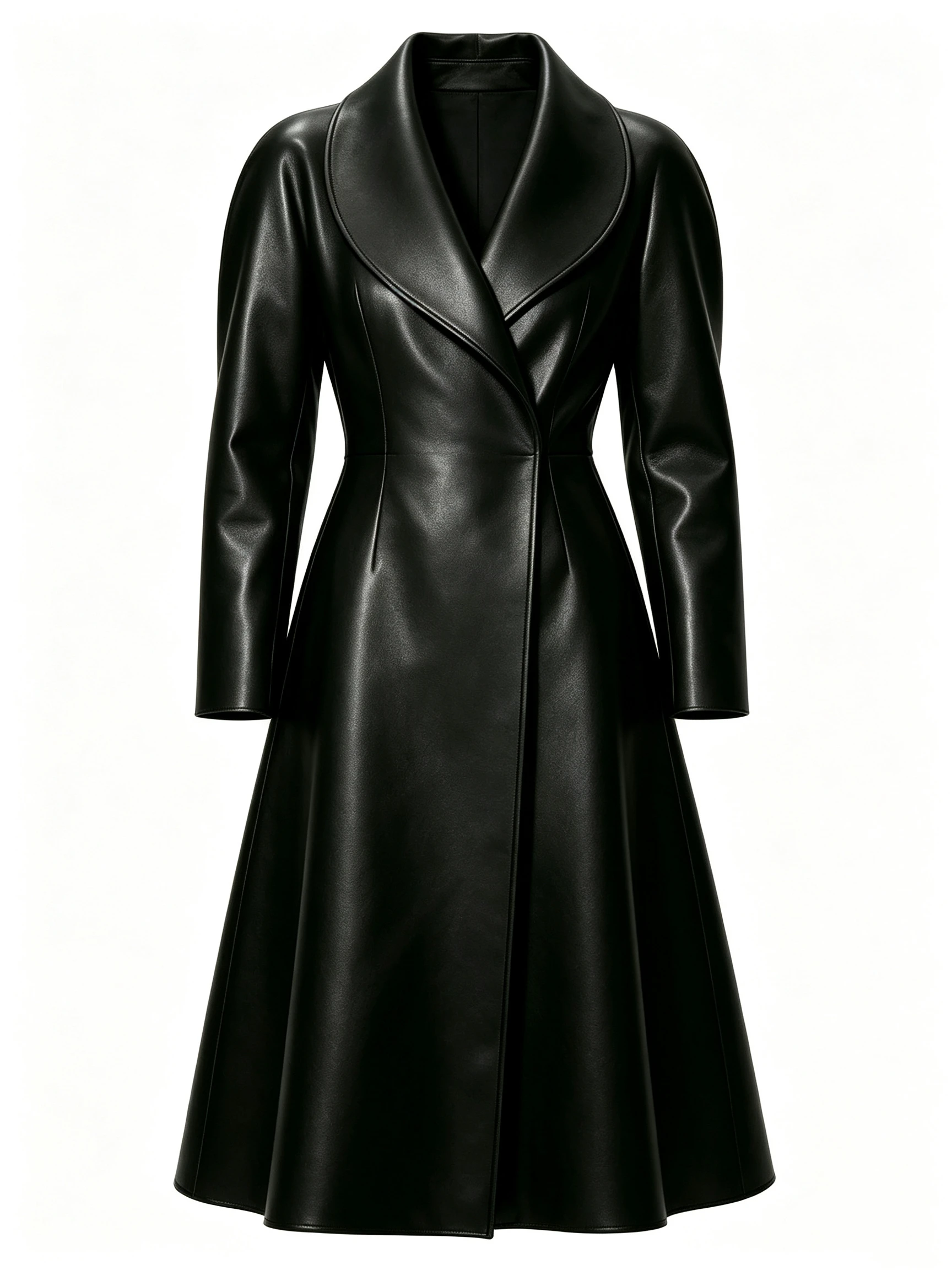 Women's Faux Leather Wrap Dress with Deep V-Neck and Long Sleeves