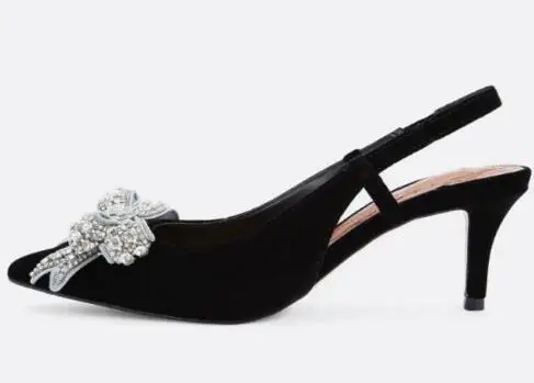 

Fashion Women Black Green Suede Crystal Butterfly Knot Pointed Toe Shallow Stiletto Pumps Lady Slingback Thin Heels Sandals